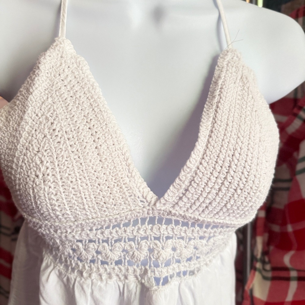 Rue21 Womens XS White Crochet Bodice Mini Dress Boho Festival Summer Ruffle Hem - Picture 12 of 14